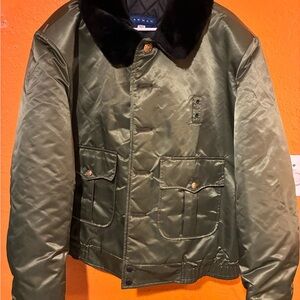 Men's Olive Satin Bomber Jacket with Black Fur Collar